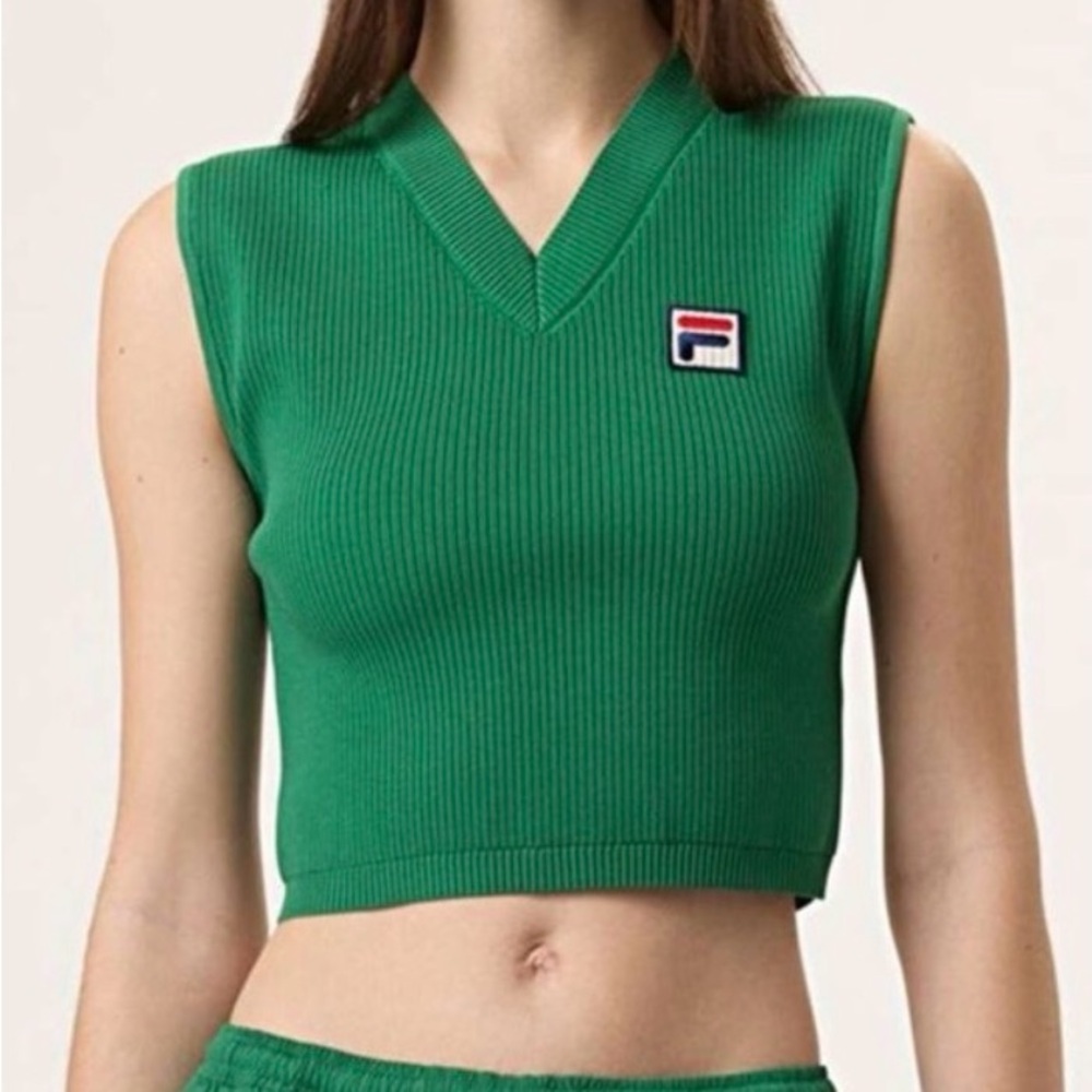 Fila  x HAILEY baby tank green v neck cropped knit tank top with Logo Patch